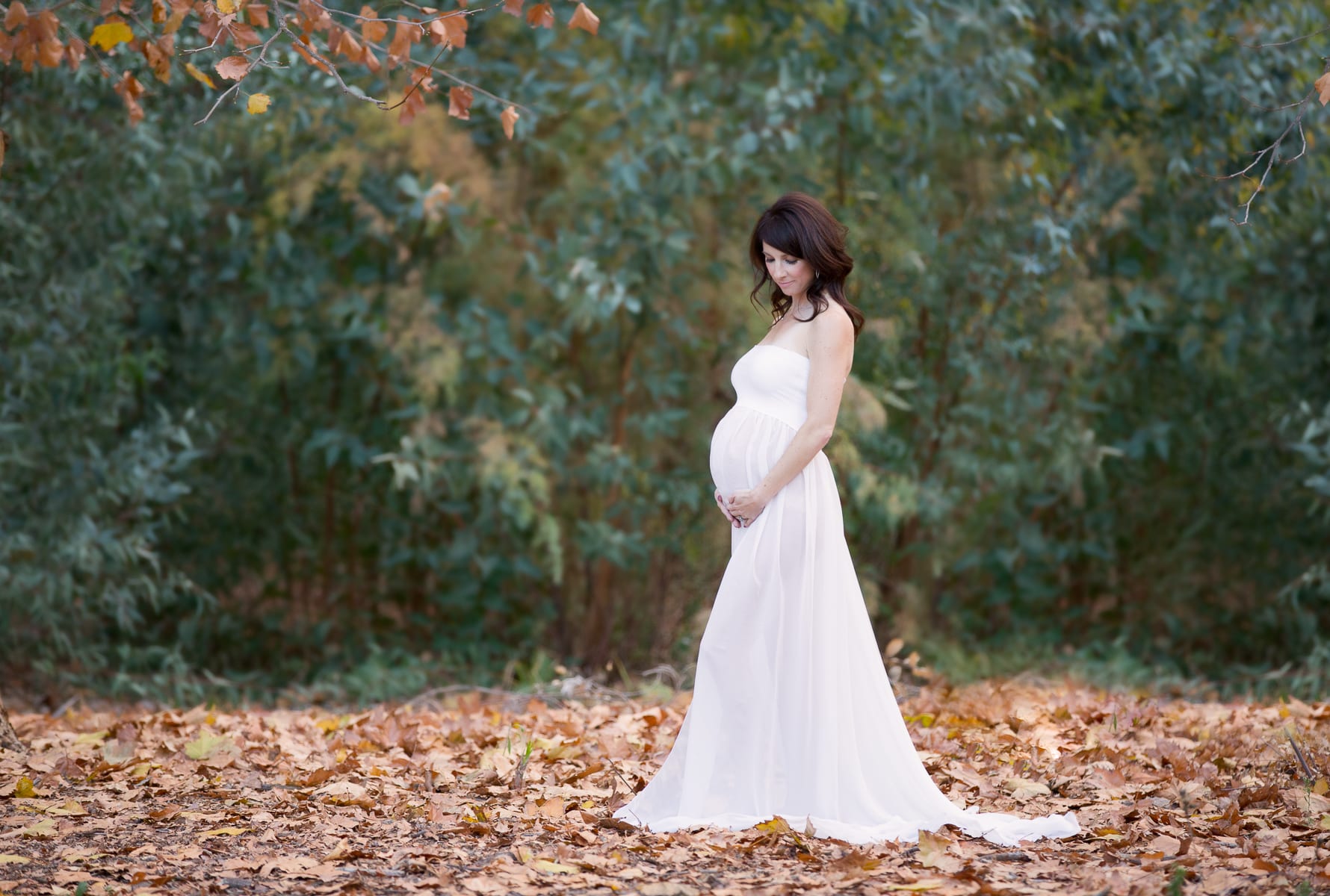 Temecula Maternity Photographer Gretchen Barros Photography Cream Dress looking down