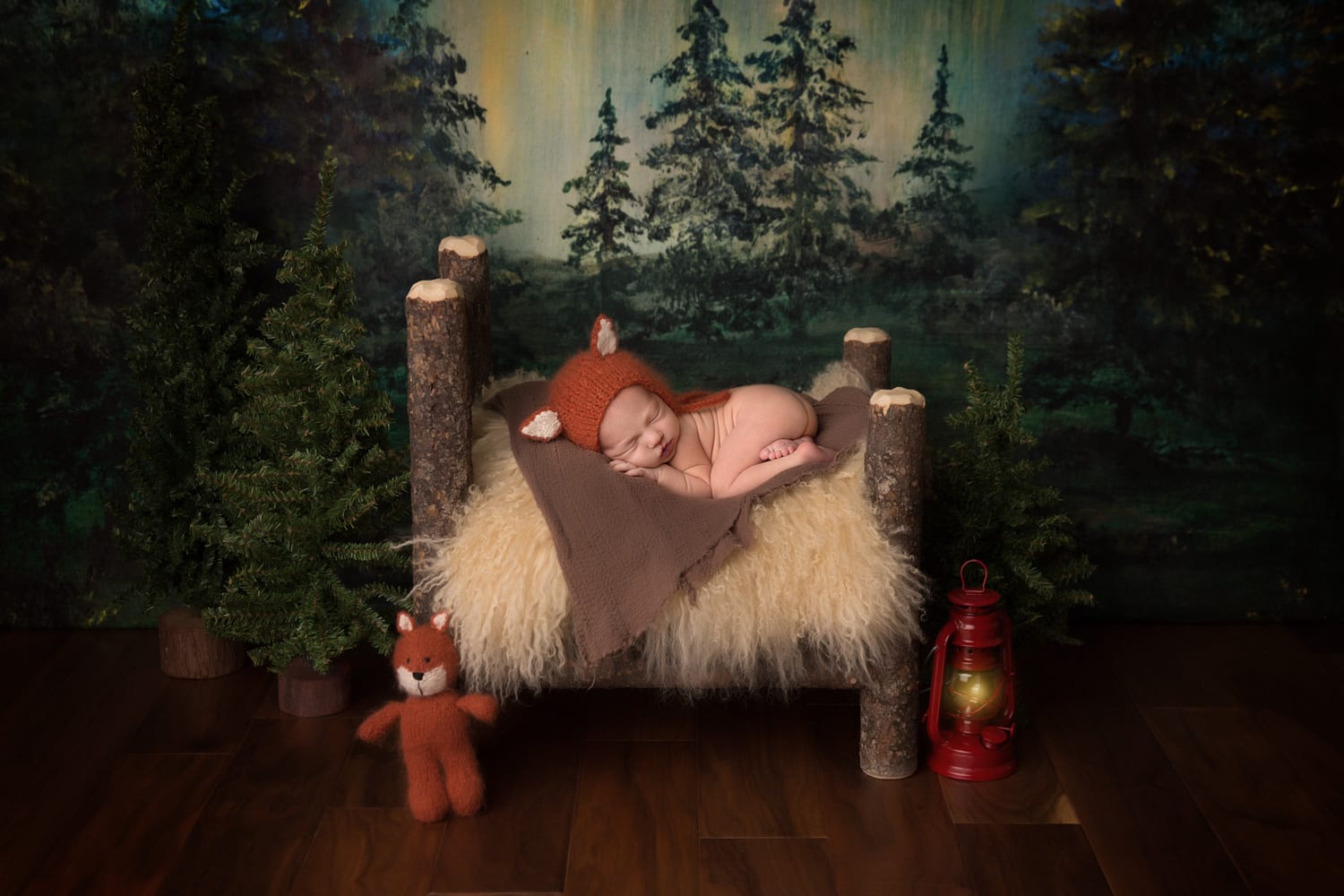 Portland Newborn Photographer baby on wood bed with forest backdrop