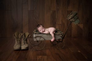 Portland Newborn Photographer Baby in Wagon with Marine Uniform