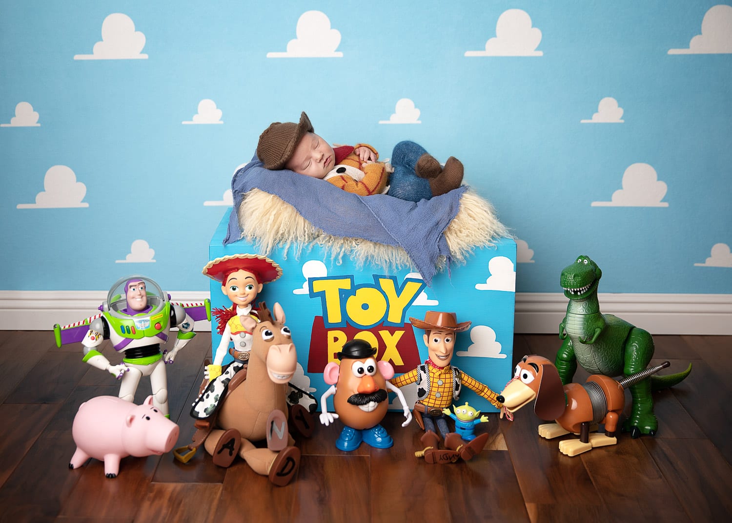 Portland Newborn Photographer Baby dressed as Woody with toy story set
