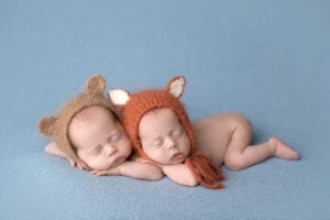 Portland Newborn Photographer Twin boys with fox and bear hat