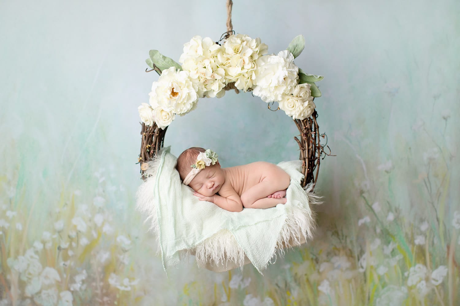 Portland Newborn Photographer Baby in clue and mint floral swing