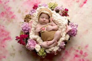 Portland Newborn Photographer Baby in pink floral nest