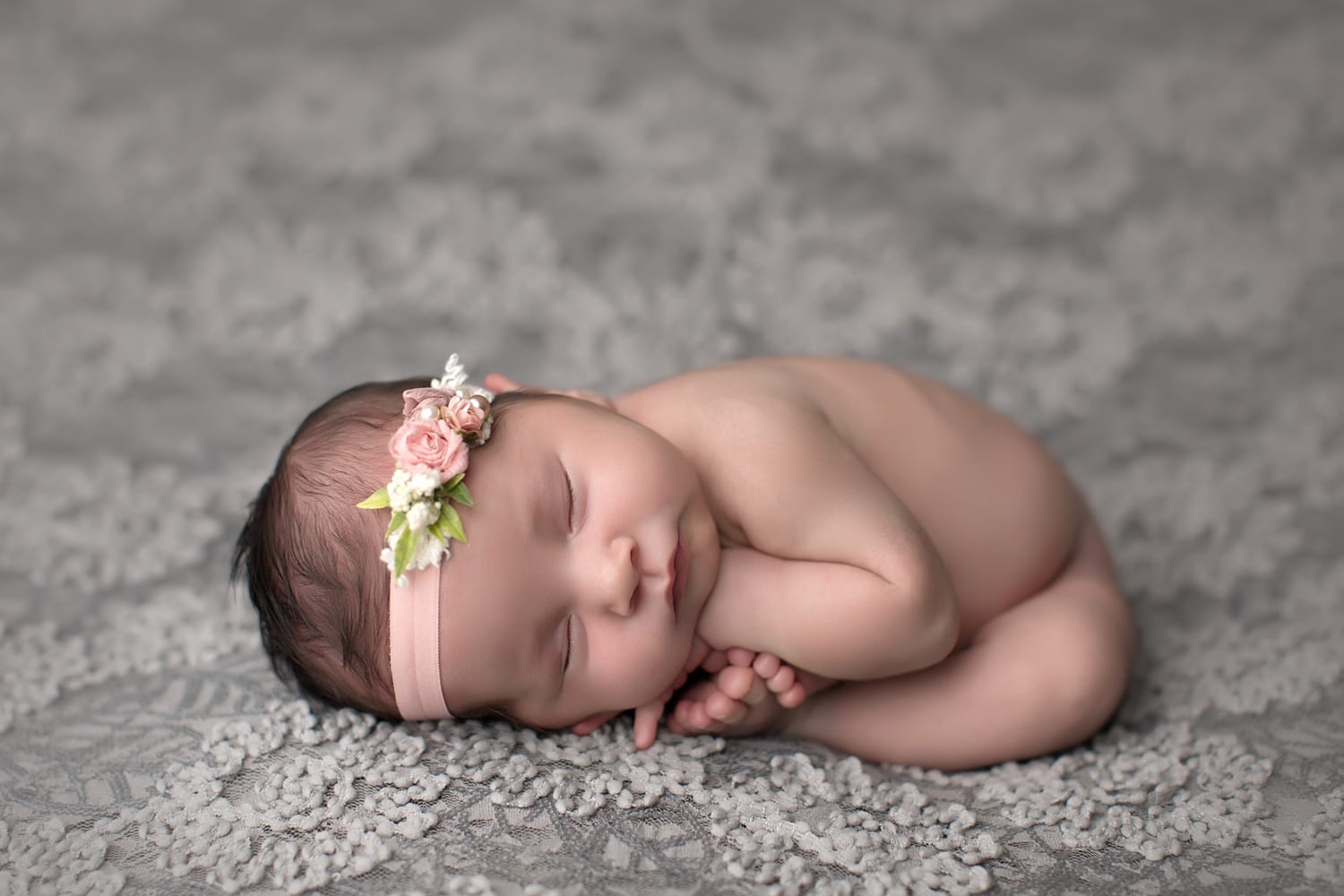 Portland Newborn Photographer Taco Pose Girl on Gray Lace