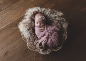 Camas Newborn Photographer Swaddled Baby in basket