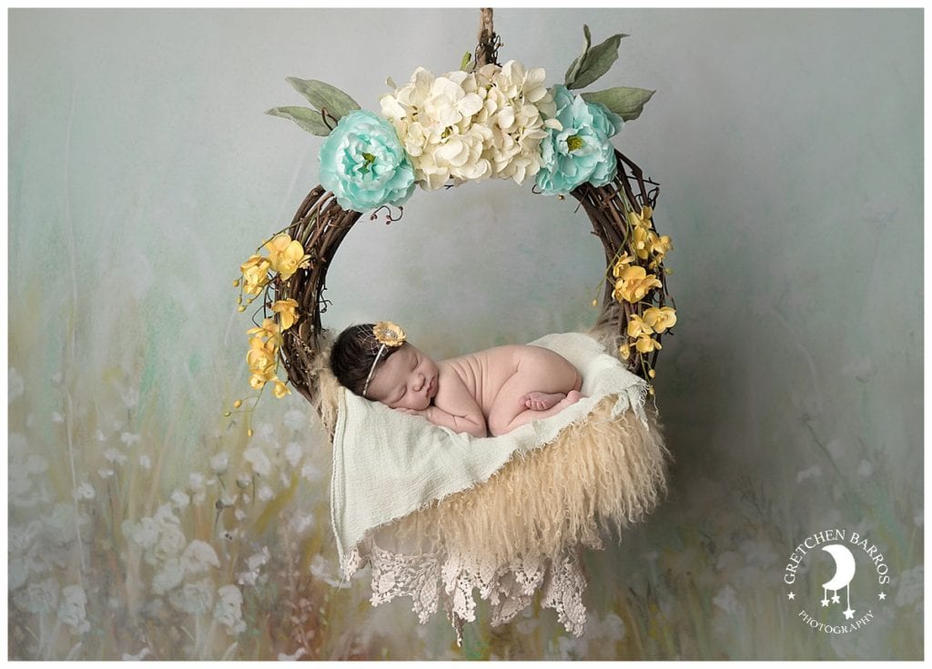Baby Photographer Vancouver WA Gretchen Barros Photography Newborn in Floral Wreath Blue