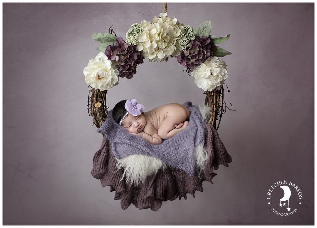 Baby Photographer Vancouver WA Gretchen Barros Photography Newborn in Floral Wreath Lavendar