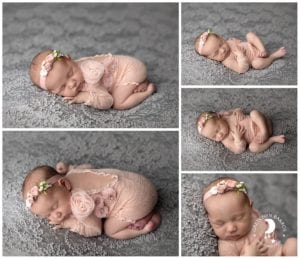 Baby Photographer Portland Oregon Newborn in Pink Romper on Gray Lace