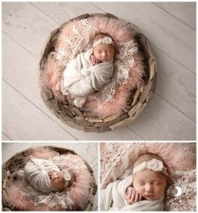Baby Photographer Portland Swaddled Newborn in driftwood bowl