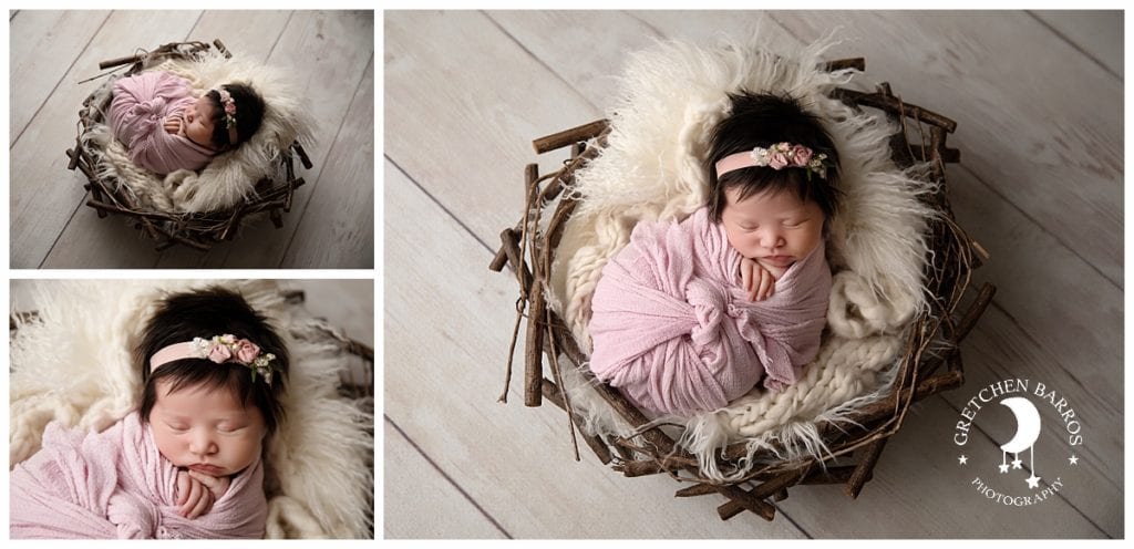 Newborn Photography Portland Swaddled Baby in Nest
